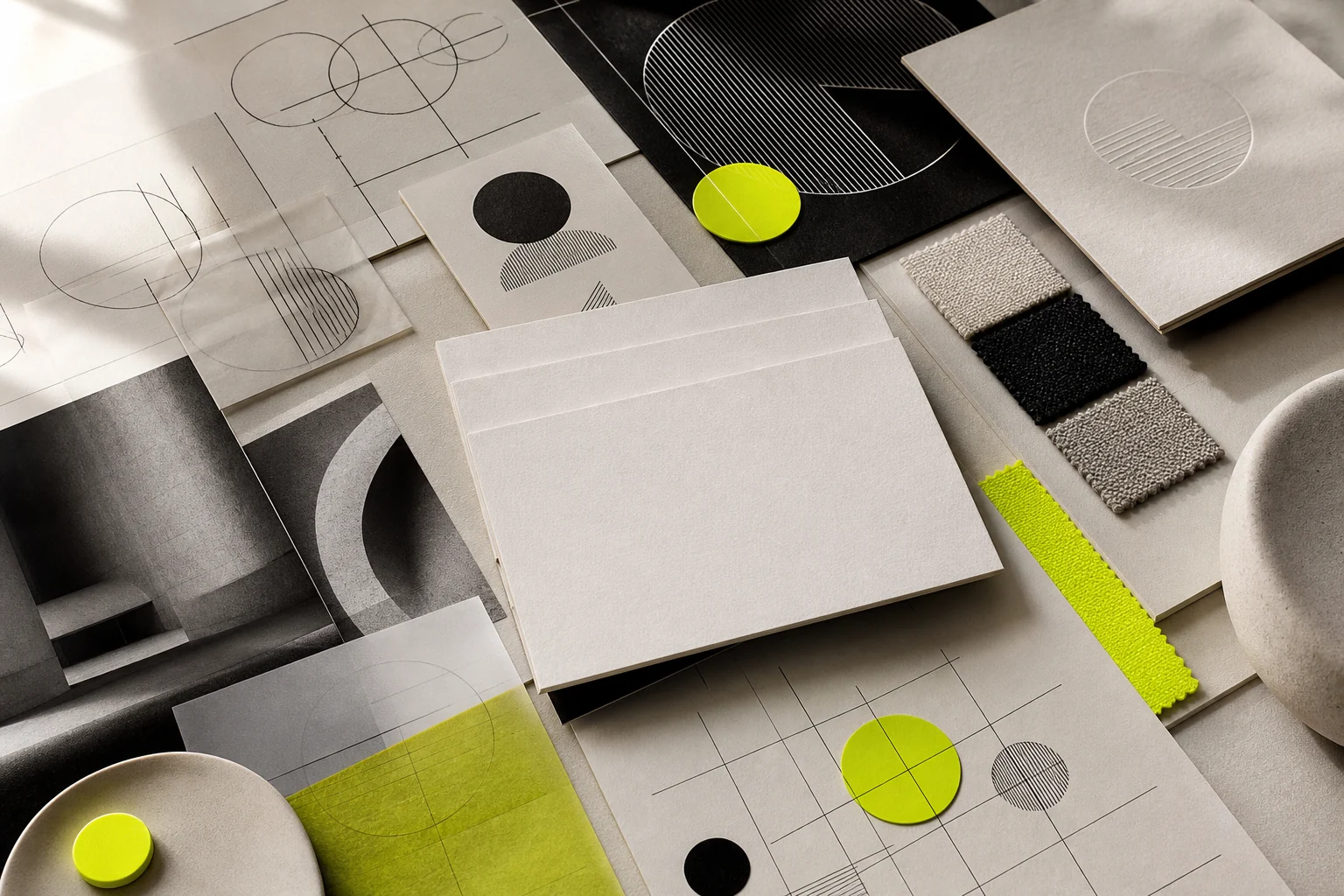 Materiais editoriais e formas geométricas representando a construção estratégica de uma identidade visual