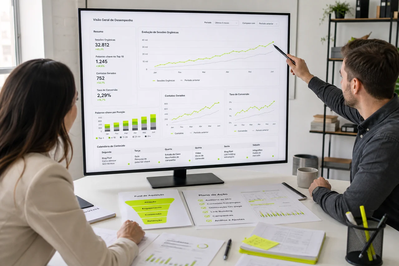 Equipe de marketing acompanhando resultados de SEO, conteúdo, contatos e conversões