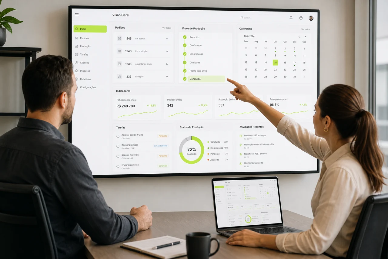 Equipe analisando um sistema empresarial com pedidos, tarefas, indicadores e automações